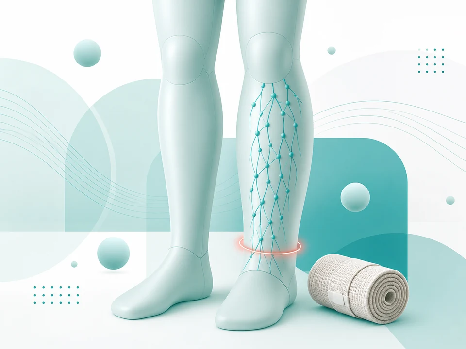 Illustration stilisierter Beine mit Lymphsystem und Kompressionsbandage